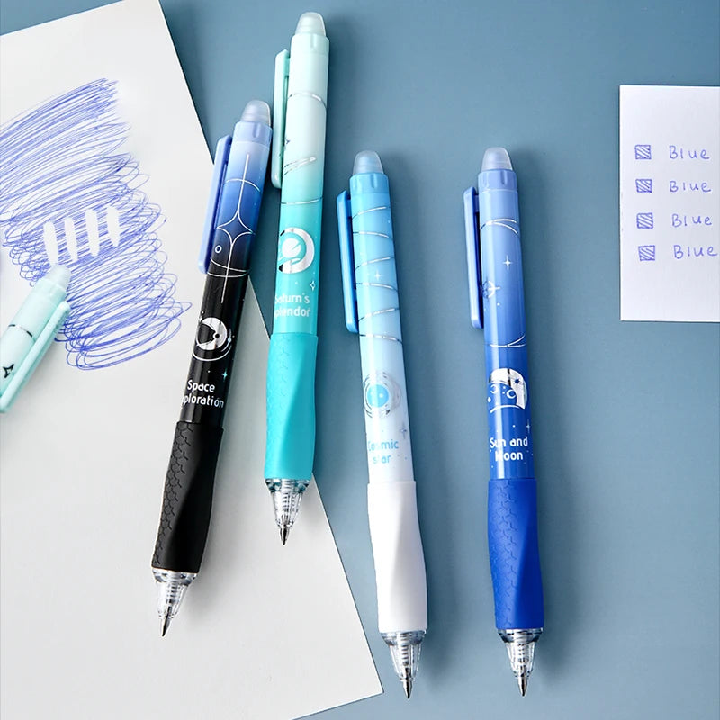4-pack Thermal Erasable Pens, Cosmic Star Blue Design, Smooth Click Pens, Stylish Student Stationery for Office Writting, Gift